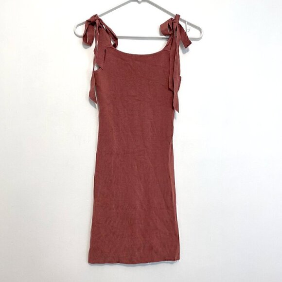 URBAN OUTFITTERS Rose Marie Tie Shoulder Mini Dress Mauve Ribbed Sweater Bodycon - Picture 2 of 16
